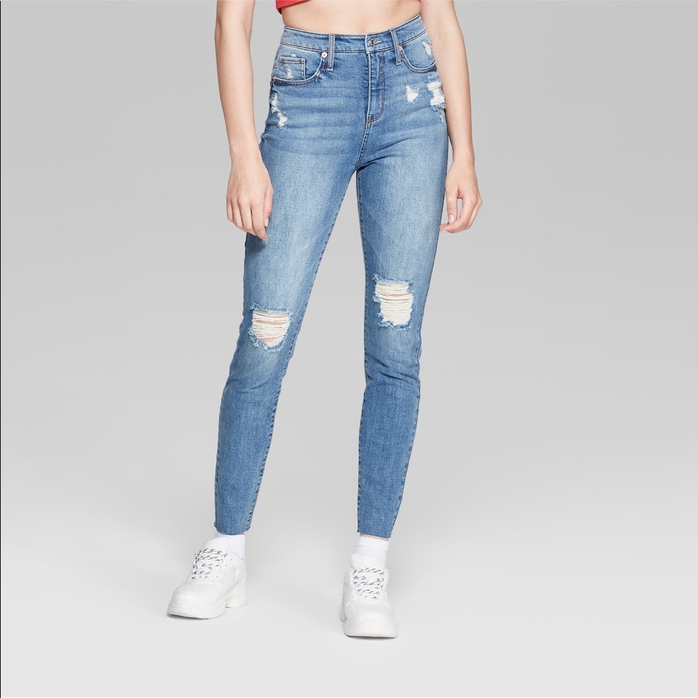 Distressed high rise jeans